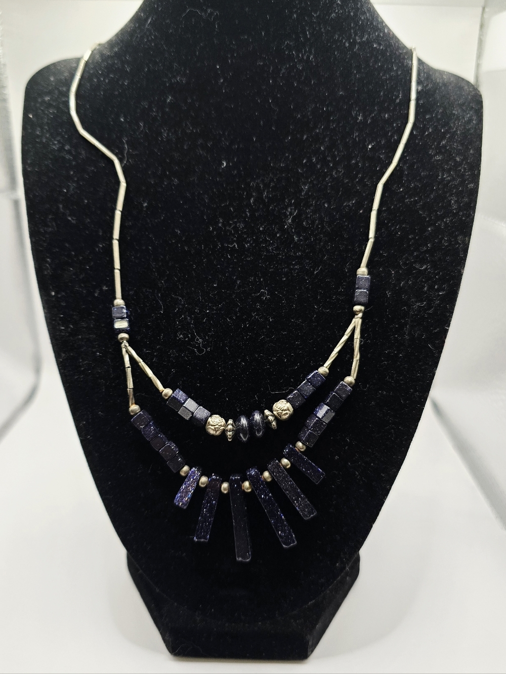 Boho Silver & Blue Collar Necklace Fan Style Navy Blue